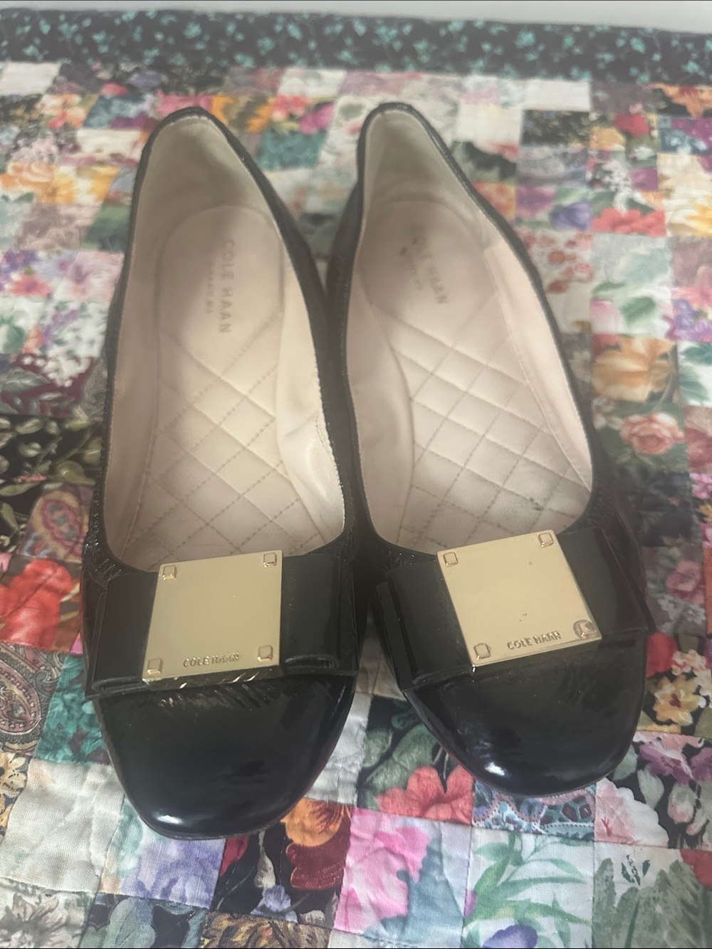 Cole Haan Black Patent Ballet Flats with Gold Square Plaque